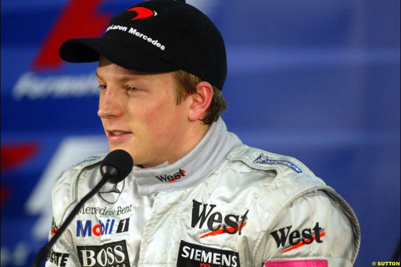 Kimi Raikkonen, race winner, during the post race press conference. Brazilian Grand Prix. Interlagos, Sao Paulo, April 6th 2003.