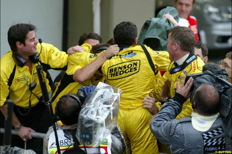 Giancarlo Fisichella, Jordan, celebrates an unconfirmed victory, later corrected to second place. Brazilian Grand Prix. Interlagos, Sao Paulo, April 6th 2003.