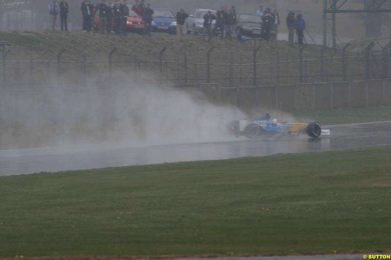 Allan McNish, Renault, spins in the wet. Silverstone testing, England. April 24th 2003.