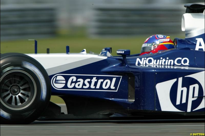 Juan Pablo Montoya, Williams, during testing at the Silverstone circuit. 23th April, 2003.