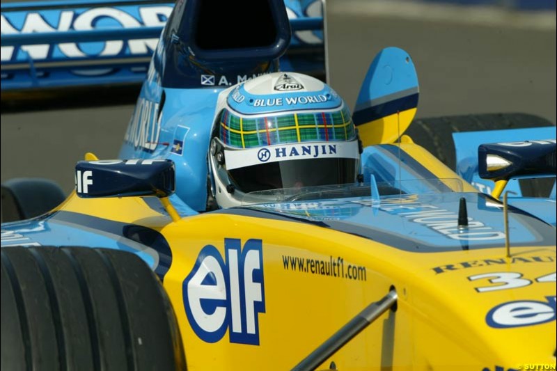 Allan McNish, Renault, during testing at the Silverstone circuit. 23th April, 2003.