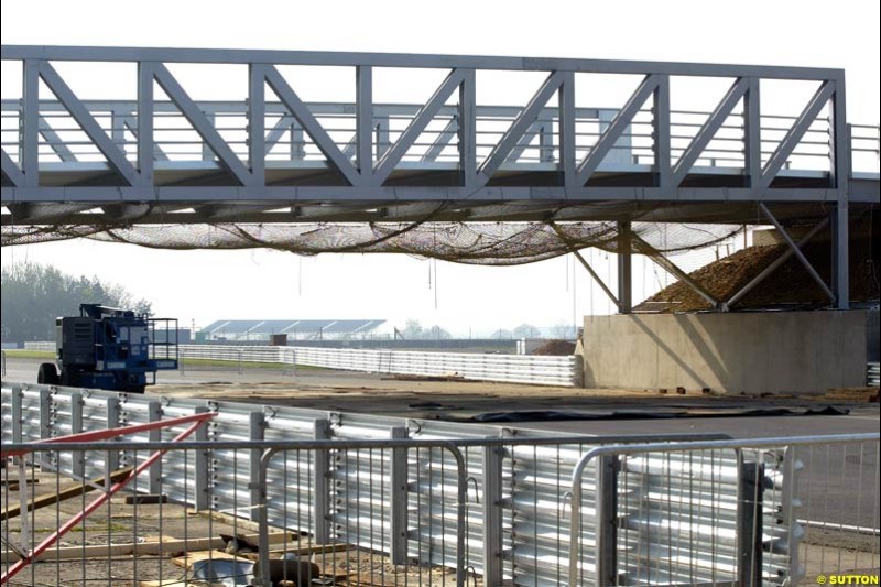 Work continues at the Silverstone circuit ahead of this year's British GP. 22 April, 2003.