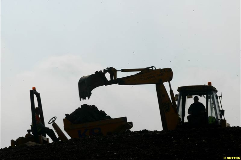 Work continues at the Silverstone circuit ahead of this year's British GP. 22 April, 2003.