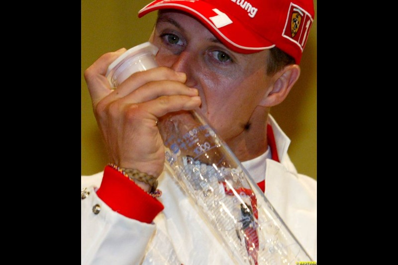 Michael Schumacher during a Shell presentation of a new 100 octane fuel in Berlin, Germany. April 15th 2003.