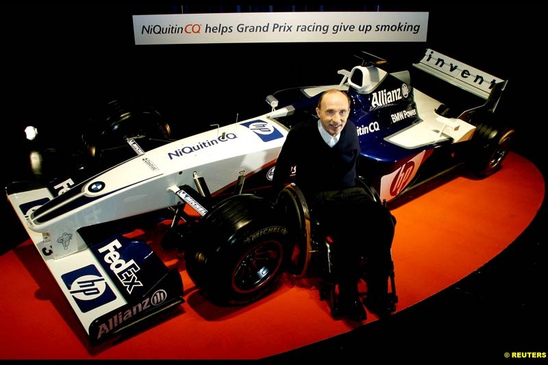 Frank Williams at the NiQuitin CQ Sponsorship Unveiling. Riverside Studios, London, England. April 15th 2003.