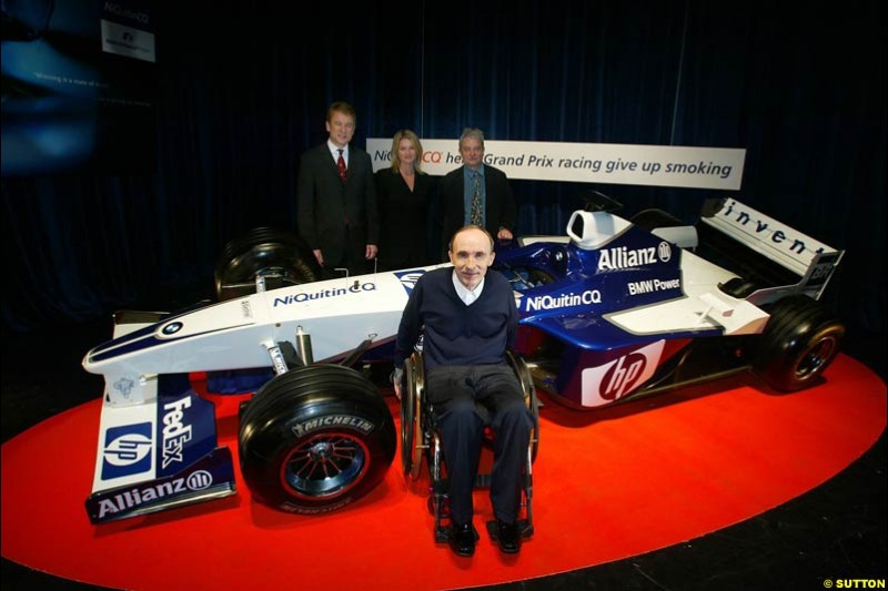 Frank Williams at the NiQuitin CQ Sponsorship Unveiling. Riverside Studios, London, England. April 15th 2003.