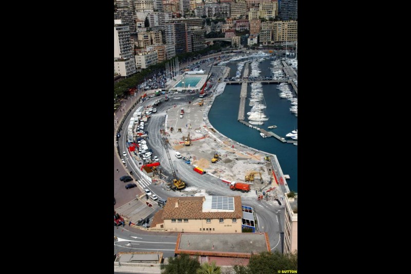 The Monaco circuit and harbor undergo improvements ahead of the Grand Prix next month. April 14th 2003.