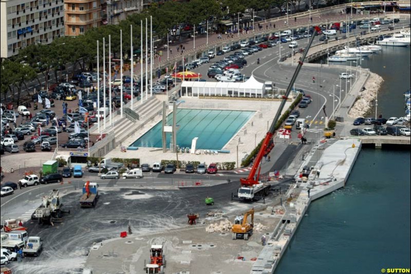 The Monaco circuit and harbor undergo improvements ahead of the Grand Prix next month. April 14th 2003.