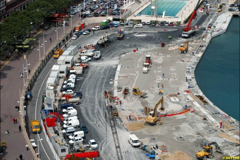 The Monaco circuit and harbor undergo improvements ahead of the Grand Prix next month. April 14th 2003.