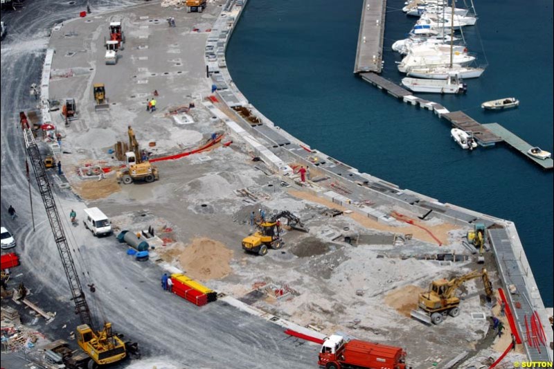 The Monaco circuit and harbor undergo improvements ahead of the Grand Prix next month. April 14th 2003.