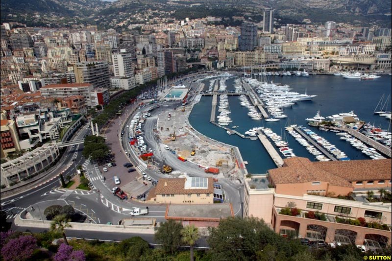 The Monaco circuit and harbor undergo improvements ahead of the Grand Prix next month. April 14th 2003.