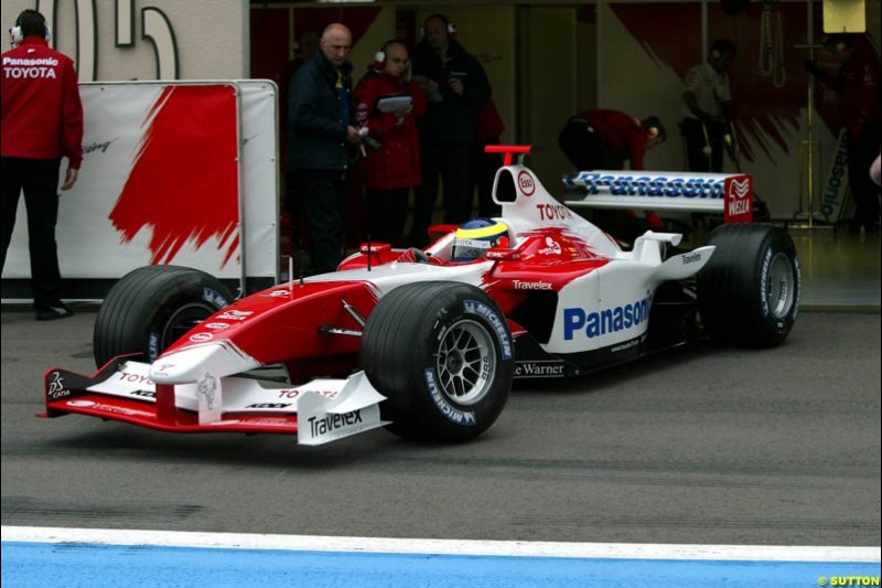 Ricardo Zonta, Toyota, during testing at the Paul Ricard circuit in France. 11 April, 2003.