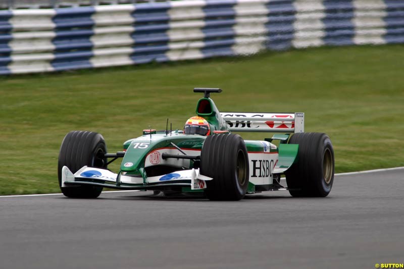 Jaguar driver Antonio Pizzonia tests at the Silverstone circuit in England. 10 April, 2003.