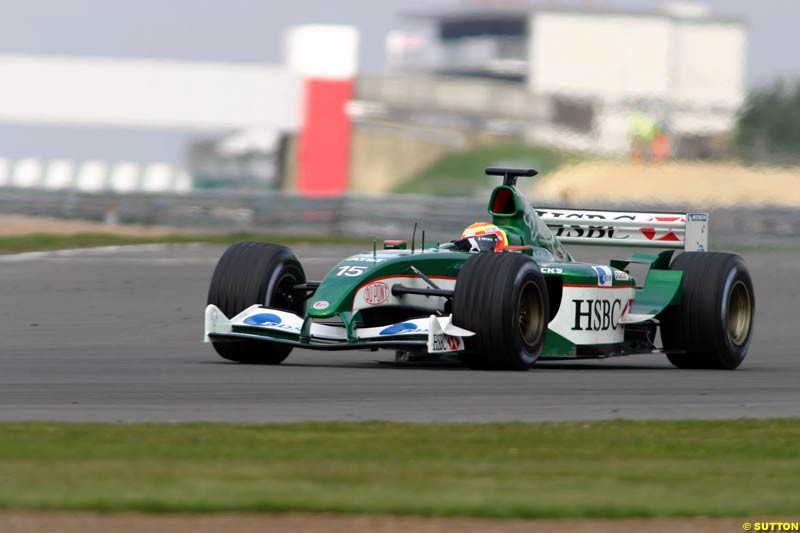 Jaguar driver Antonio Pizzonia tests at the Silverstone circuit in England. 10 April, 2003.