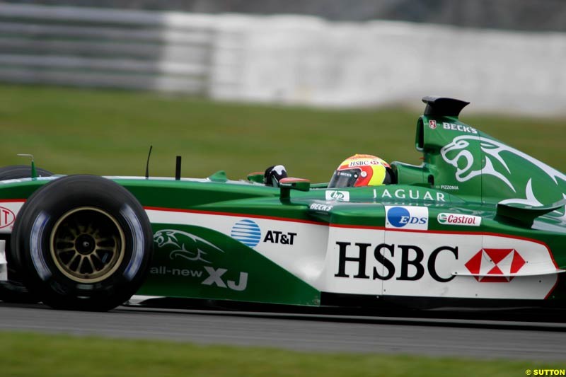 Jaguar driver Antonio Pizzonia tests at the Silverstone circuit in England. 10 April, 2003.