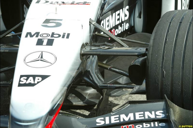 McLaren front suspension during testing at the Paul Ricard circuit in France. 10 April, 2003.