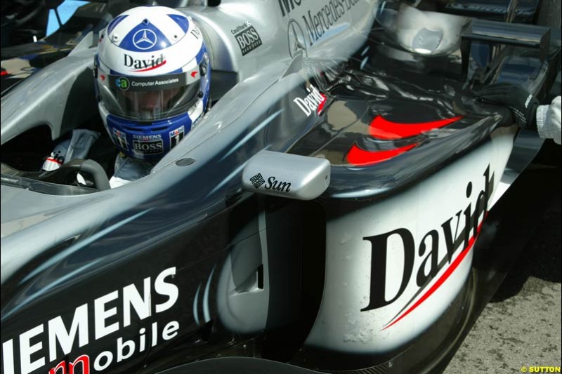 David Coulthard, McLaren, during testing at the Paul Ricard circuit in France. 10 April, 2003.