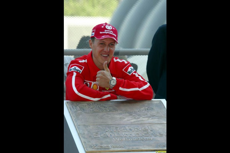 Michael Schumacher inaugurates a plaque in his honour on Champions Avenue at Circuit de Catalunya. Barcelona, Spain, May 2nd 2003.