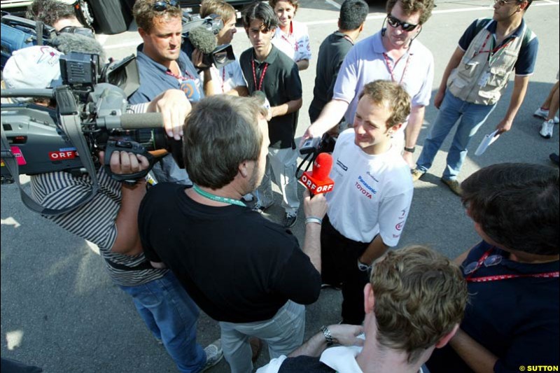 Cristiano da Matta, Toyota, meets the press. Friday at the Circuit de Catalunya, Barcelona, Spain. May 2nd 2003