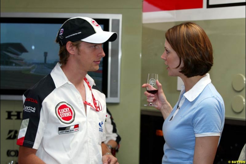 Jenson Button with ITV reporter. Friday at the Circuit de Catalunya, Barcelona, Spain. May 2nd 2003