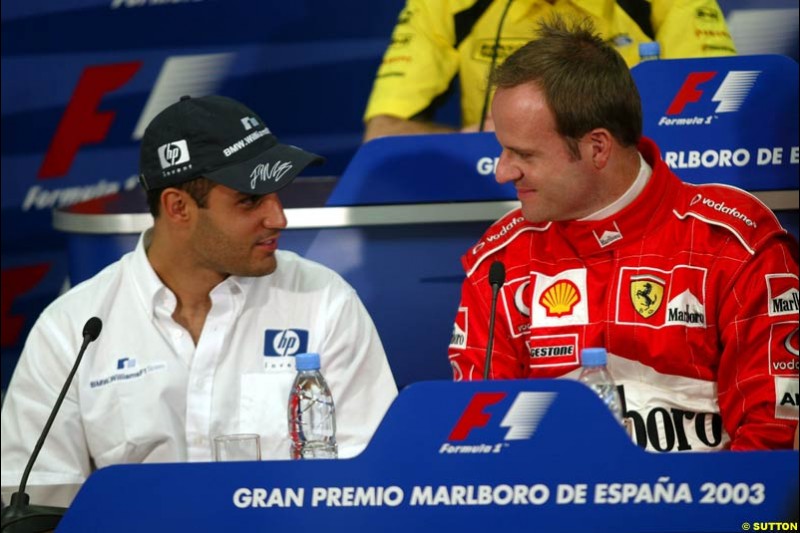 Juan Pablo Montoya, Williams, and Rubens Barrichello, Ferrari, during the FIA Friday press conference for the Spanish Grand Prix. Circuit de Catalunya, Barcelona, Spain. May 2nd 2003