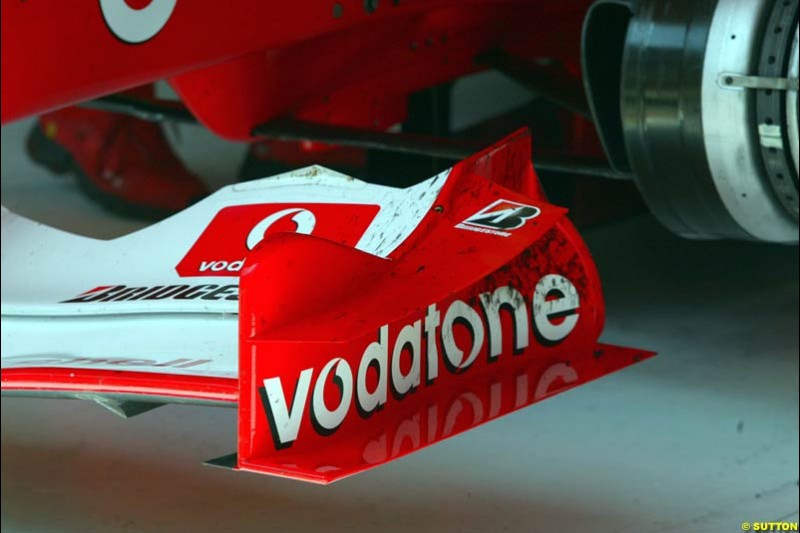 The new Ferrari front wing. Friday, Spanish Grand Prix at the Circuit de Catalunya. Barcelona, Spain. May 2nd 2003.