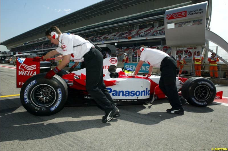 Cristiano da Matta, Toyota. Friday, Spanish Grand Prix at the Circuit de Catalunya. Barcelona, Spain. May 2nd 2003.