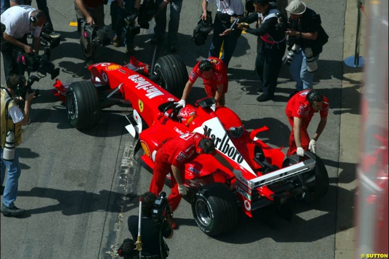 Michael Schumacher, Ferrari. Friday, Spanish Grand Prix at the Circuit de Catalunya. Barcelona, Spain. May 2nd 2003.