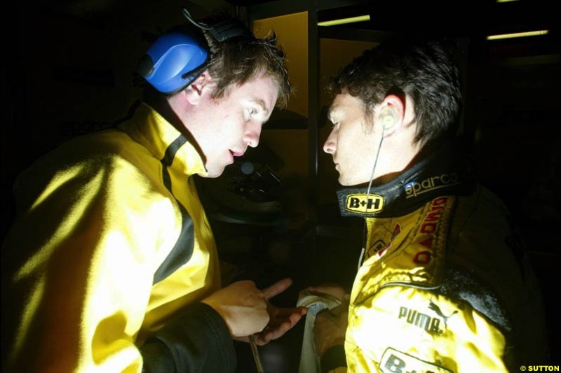 Race engineer Rob Smedley and Giancarlo Fisichella.  Friday morning testing, Circuit de Catalunya. Barcelona, Spain. May 2nd 2003.