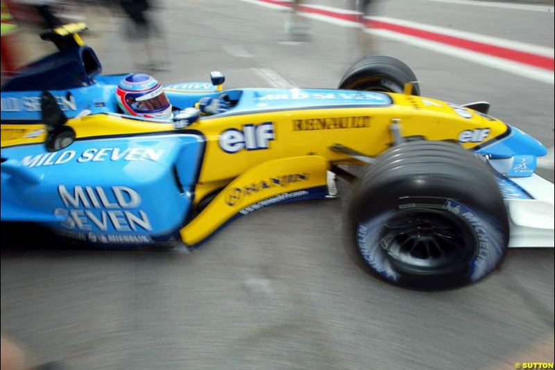 Jarno Trulli, Renault. Friday morning testing, Circuit de Catalunya. Barcelona, Spain. May 2nd 2003.