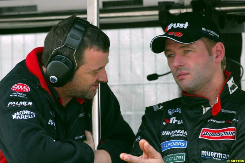 Paul Stoddart and Jos Verstappen, Minardi.  Friday morning testing, Circuit de Catalunya. Barcelona, Spain. May 2nd 2003.