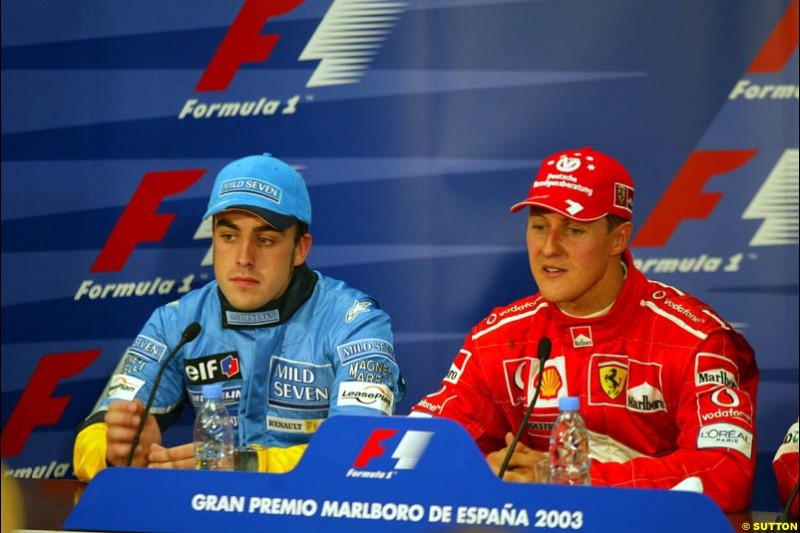 The post race press conference. 1st, Michael Schumacher, Ferrari. 2nd, Fernando Alonso, Renault. Spanish Grand Prix. Circuit de Catalunya, Barcelona, Spain. May 4th 2003.