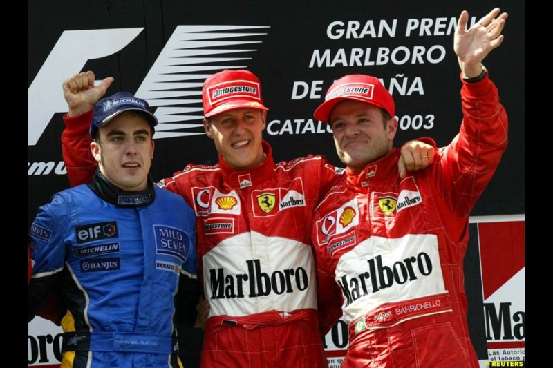 The Podium. 1st, Michael Schumacher, Ferrari; 2nd, Fernando Alonso, Renault; 3rd, Rubens Barrichello, Ferrari. Spanish Grand Prix. Circuit de Catalunya, Barcelona, Spain. May 4th 2003.