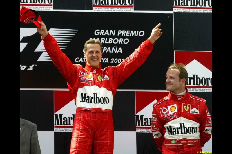 Michael Schumacher, Ferrari, celebrates victory. Spanish Grand Prix. Circuit de Catalunya, Barcelona, Spain. May 4th 2003.