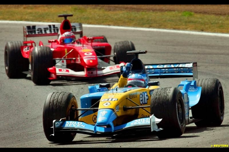 Fernando Alonso, Renault, celebrates second place. Spanish Grand Prix. Circuit de Catalunya, Barcelona, Spain. May 4th 2003.