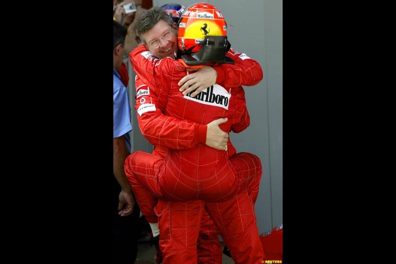 Michael Schumacher, Ferrari, celebrates victory. Spanish Grand Prix. Circuit de Catalunya, Barcelona, Spain. May 4th 2003.
