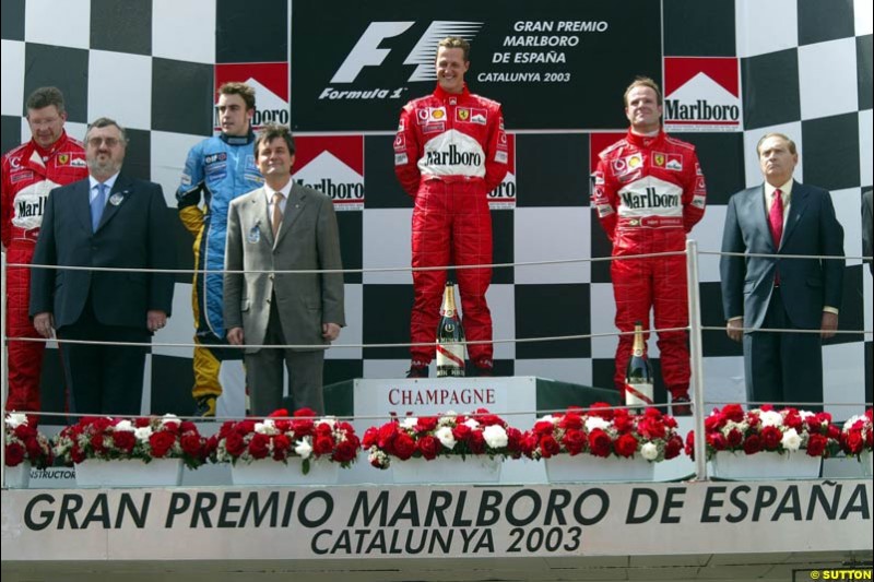 The Podium. 1st, Michael Schumacher, Ferrari; 2nd, Fernando Alonso, Renault; 3rd, Rubens Barrichello, Ferrari. Spanish Grand Prix. Circuit de Catalunya, Barcelona, Spain. May 4th 2003.
