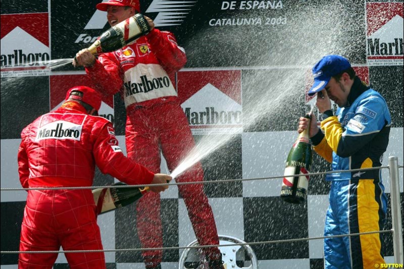 Podium Celebrations. Spanish Grand Prix. Circuit de Catalunya, Barcelona, Spain. May 4th 2003.
