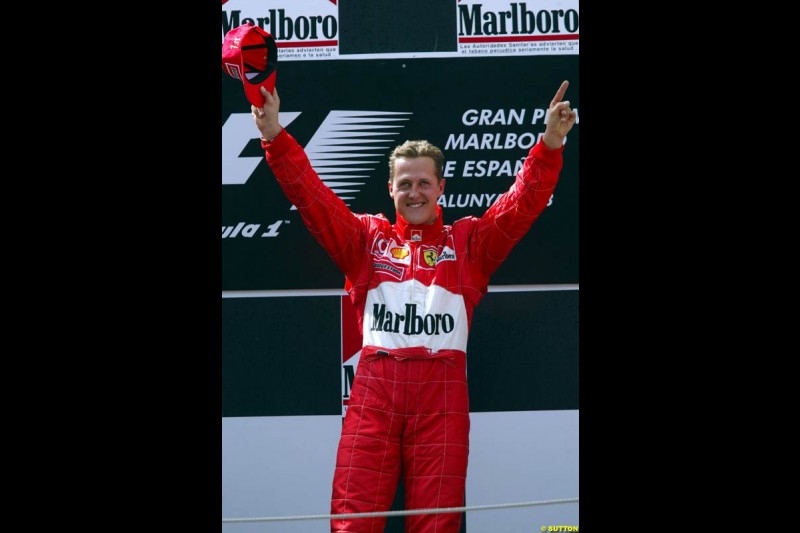 Michael Schumacher, Ferrari, celebrates victory. Spanish Grand Prix. Circuit de Catalunya, Barcelona, Spain. May 4th 2003.
