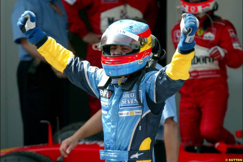 Fernando Alonso, Renault, celebrates second place. Spanish Grand Prix. Circuit de Catalunya, Barcelona, Spain. May 4th 2003.