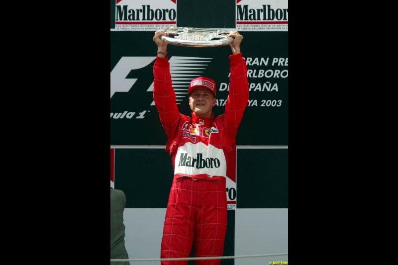 Michael Schumacher, Ferrari, celebrates victory. Spanish Grand Prix. Circuit de Catalunya, Barcelona, Spain. May 4th 2003.