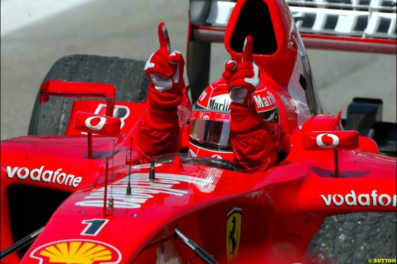 Michael Schumacher, Ferrari, takes victory. Spanish Grand Prix. Circuit de Catalunya, Barcelona, Spain. May 4th 2003.