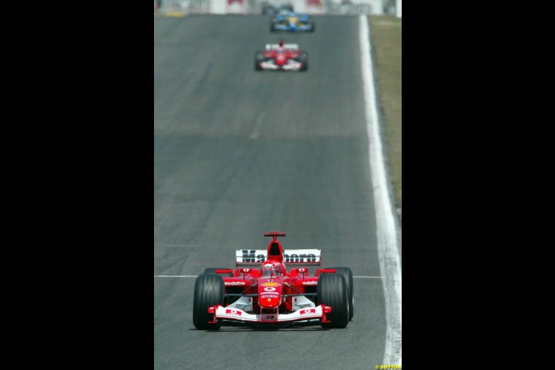 Michael Schumacher, Ferrari, leads. Spanish Grand Prix. Circuit de Catalunya, Barcelona, Spain. May 4th 2003.