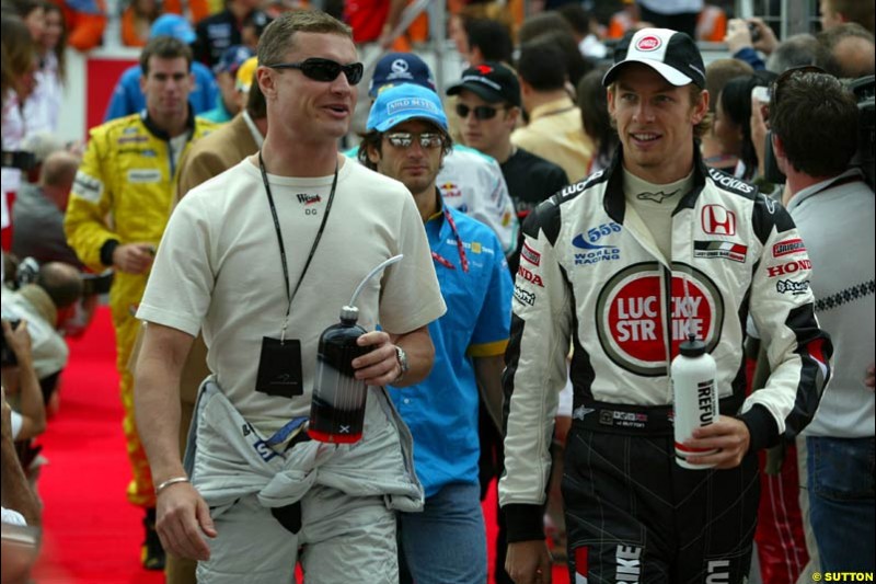 David Coulthard and Jenson Button. Sunday's Drivers' Parade at the Spanish Grand Prix. Circuit de Catalunya, Barcelona, Spain. May 4th 2003.