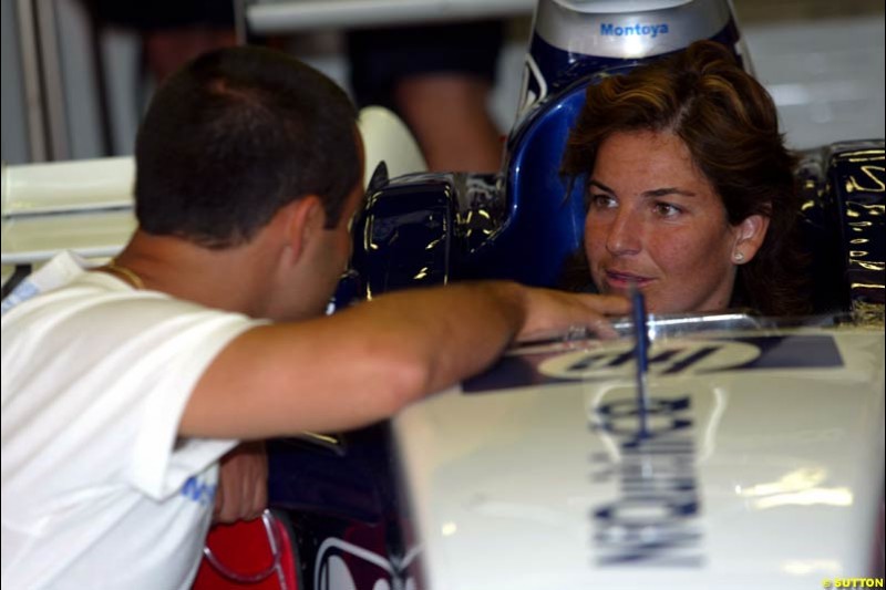 Juan Pablo Montoya, Williams, with tennis star Arantxa Sanchez-Vicario. Spanish Grand Prix. Circuit de Catalunya, Barcelona, Spain. Sunday, May 4th 2003.