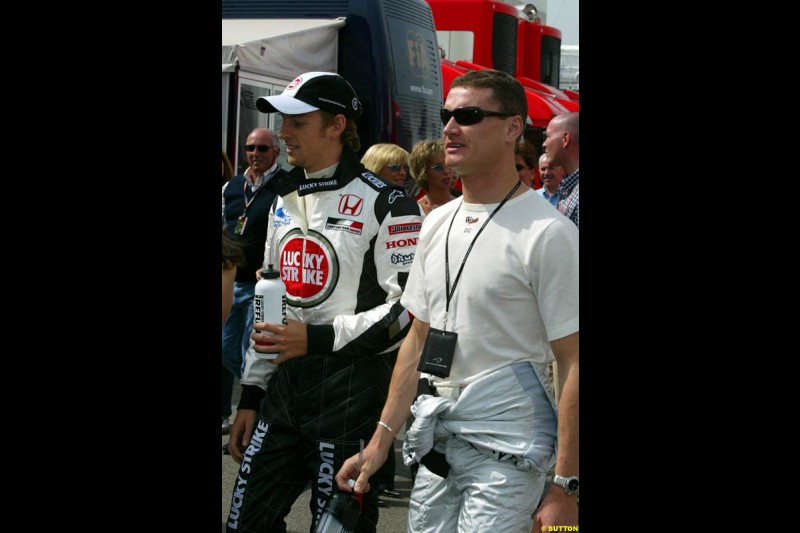 Jenson Button, BAR, and David Coulthard, McLaren. Sunday's Drivers' Parade at the Spanish Grand Prix. Circuit de Catalunya, Barcelona, Spain. May 4th 2003.