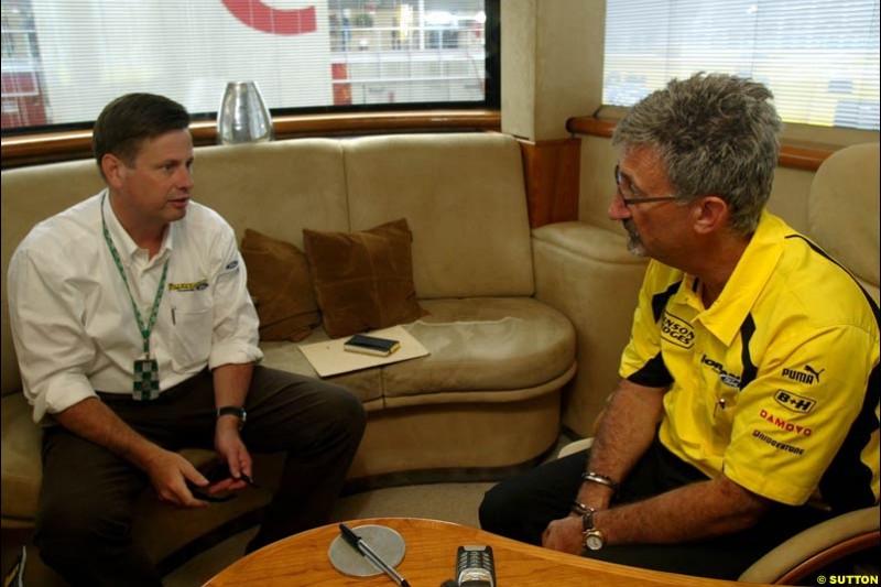 Martin Leach, Ford, and Eddie Jordan. Spanish Grand Prix. Circuit de Catalunya, Barcelona, Spain. Sunday, May 4th 2003.