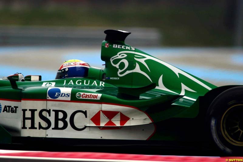 Mark Webber, Jaguar. Testing at Paul Ricard, France. May 7th 2003.