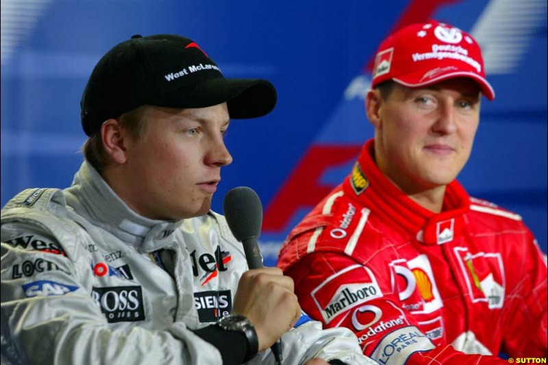 The Post Qualifying Press Conference. 1st, Michael Schumacher, Ferrari; 2nd, Kimi Raikkonen, McLaren (talking). Austrian Grand Prix. A1-Ring, Spielberg, Austria. May 17th 2003.