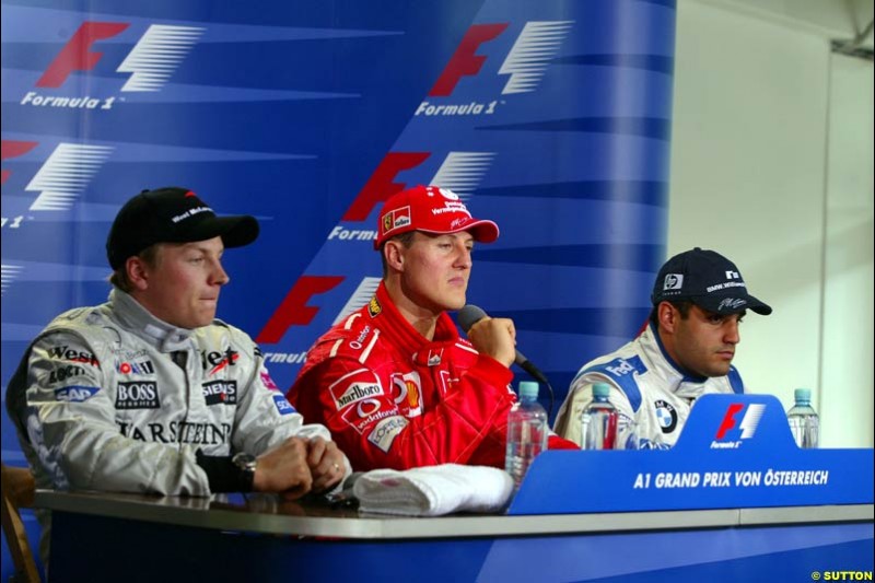 The Post Qualifying Press Conference. 1st, Michael Schumacher, Ferrari; 2nd, Kimi Raikkonen, McLaren; 3rd, Juan Pablo Montoya, Williams. Austrian Grand Prix. A1-Ring, Spielberg, Austria. May 17th 2003.